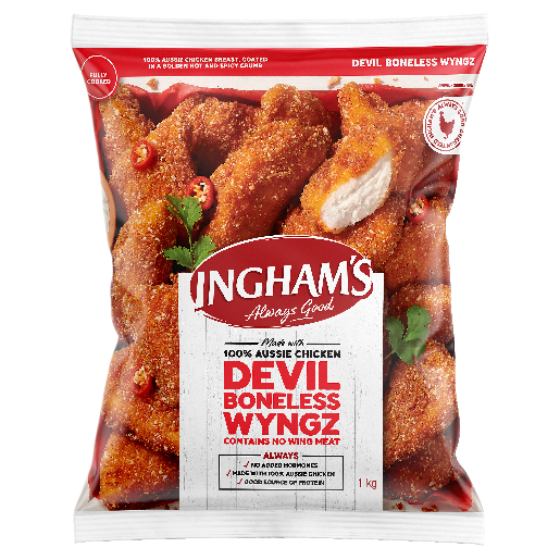 Devil Boneless Wyngz 1kg - Breast Meat  Approx 22 x 45g Heat & Serve