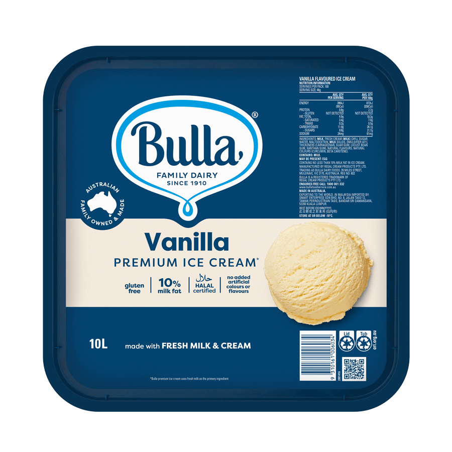 Ice Cream Vanilla 10Lt Tub Gluten Free