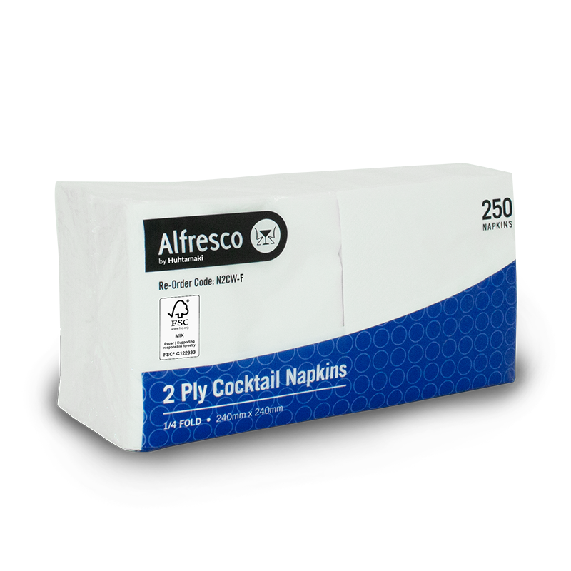 Napkin Cocktail 2Ply White 1/4 fold - 250s 240 x 240mm - FSC Certified
