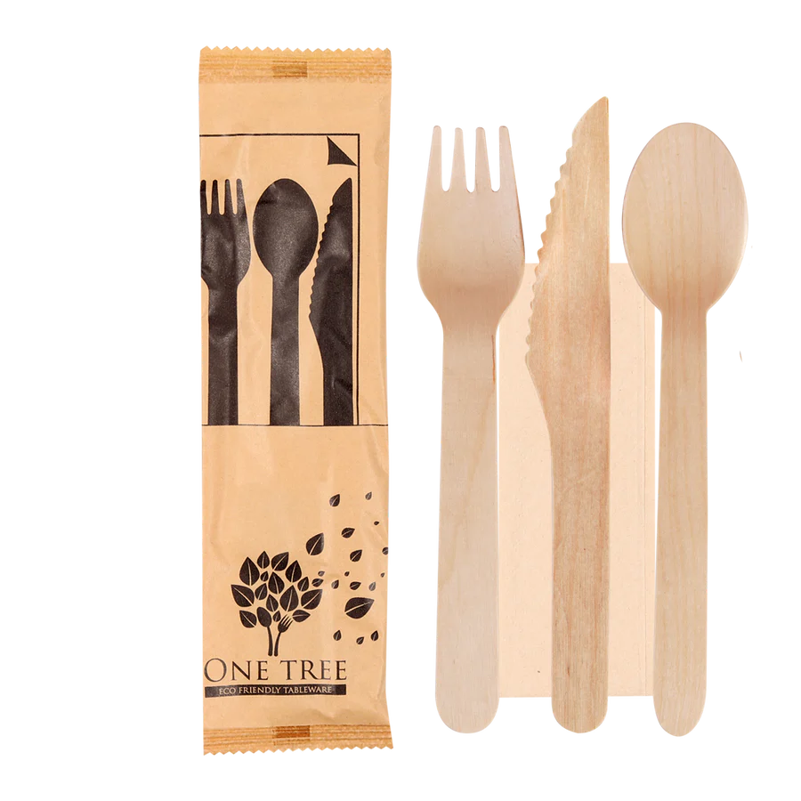 Cutlery Wooden Wrapped - Knife, Fork, Napkin 100s