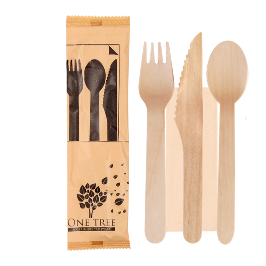 Cutlery Wooden Wrapped - Knife, Fork, Napkin 100s